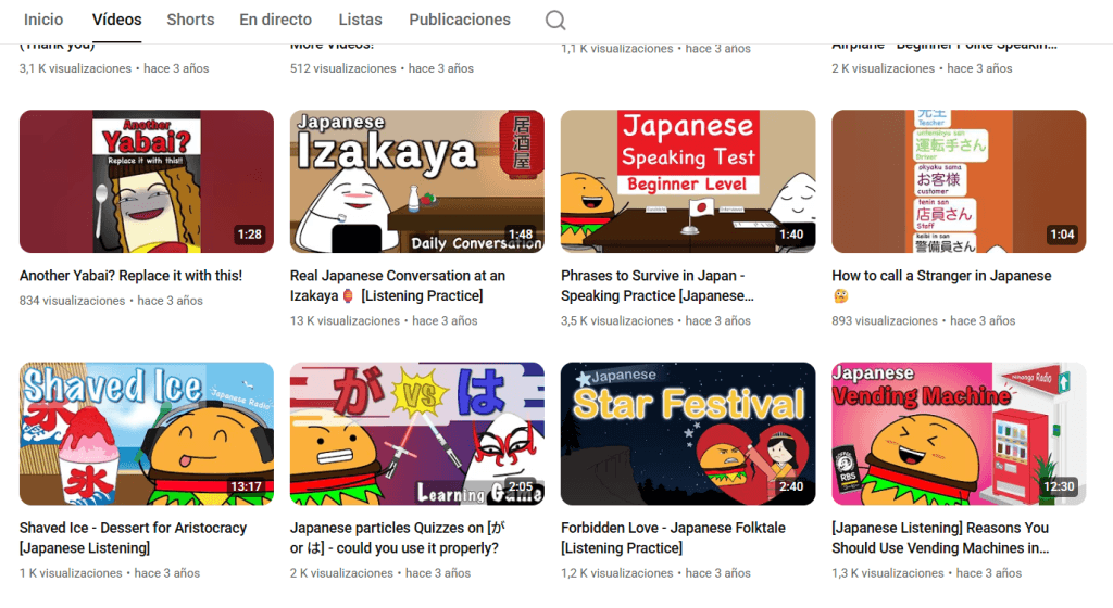 Captura de pantalla del canal de youtube RiceBurger Studios. Es un canal para aprender japonés.